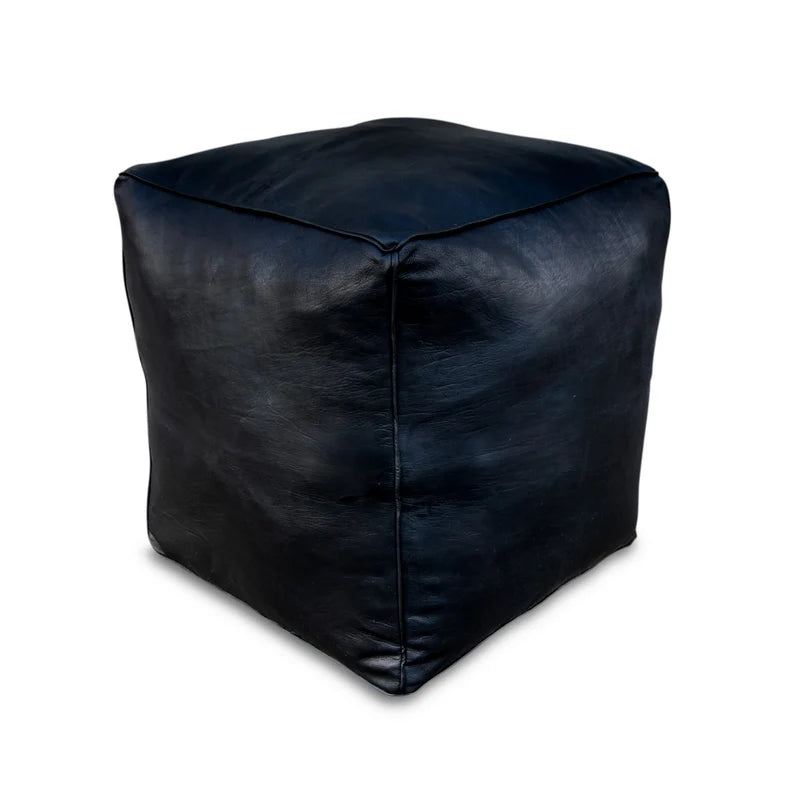 Square Leather Handmade Pouf – Black