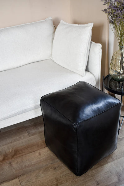 Square Leather Handmade Pouf – Black