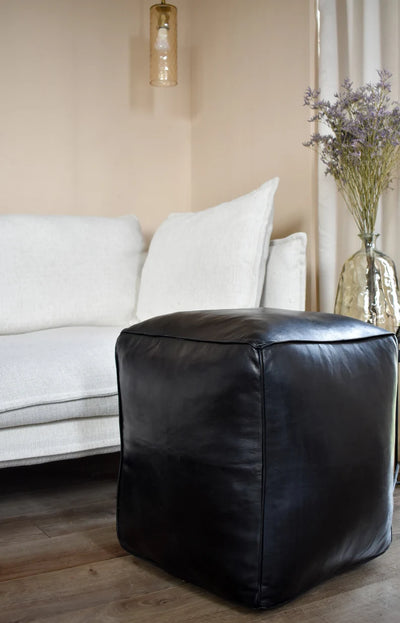 Square Leather Handmade Pouf – Black