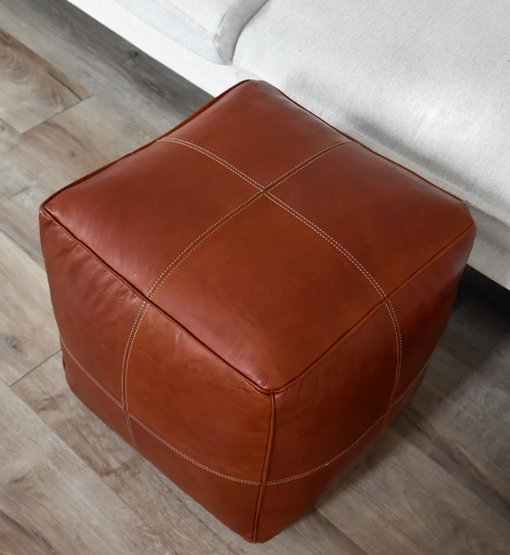 Modern Square Leather Pouf – Honey Brown