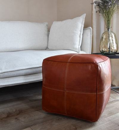 Modern Square Leather Pouf – Honey Brown