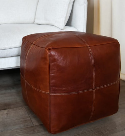 Modern Square Leather Pouf – Honey Brown